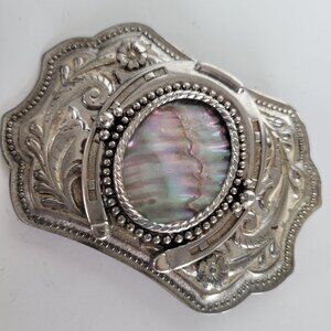 Vintage Mother of Pearl Southwestern Silver Plated Metal Belt Buckle